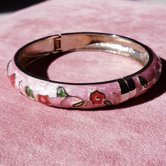 Pink Cloisonné Cloisonne Hinged Floral Bangle Bracelet Accessories Jewelry - Picture 1 of 7
